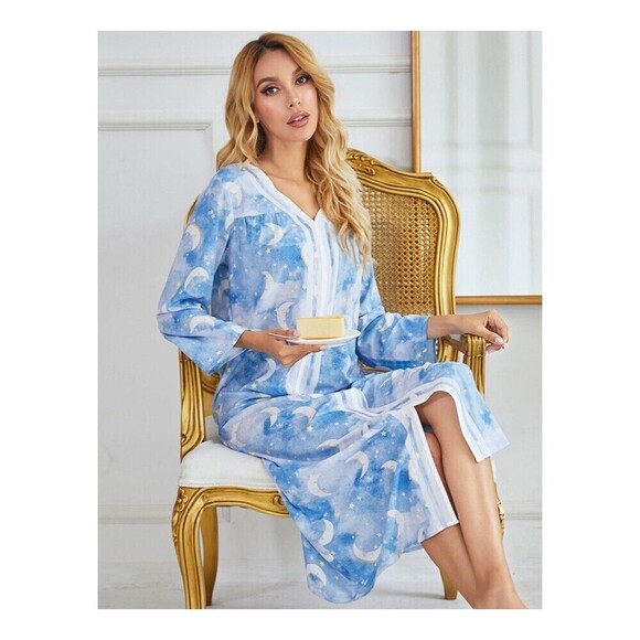 Nightgown Blue Cloud Moon Soft Thin Long Sleeve Pajama PJ Kimono - Picture 2 of 6
